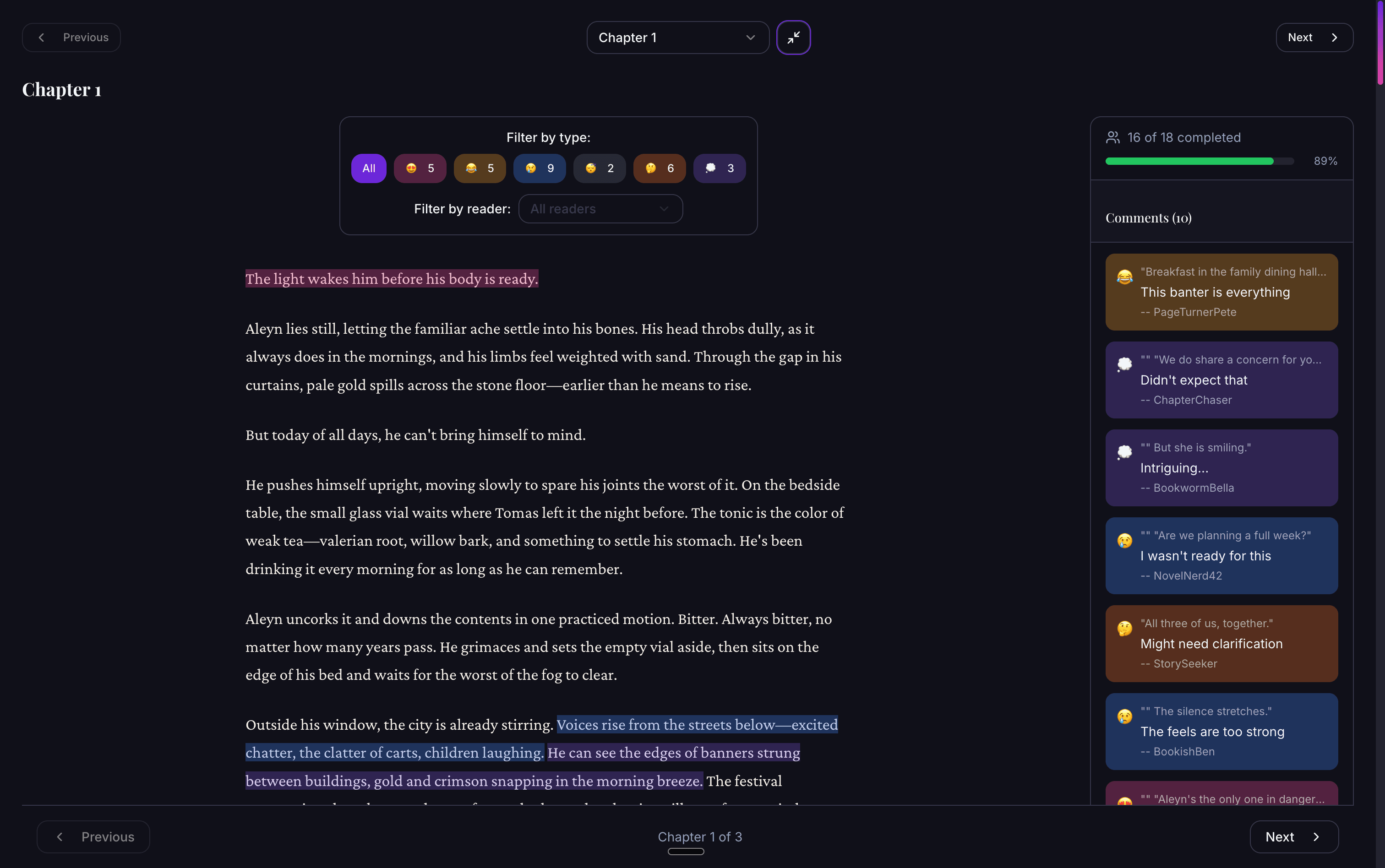 ReaderPulse feedback view showing inline reader reactions on manuscript