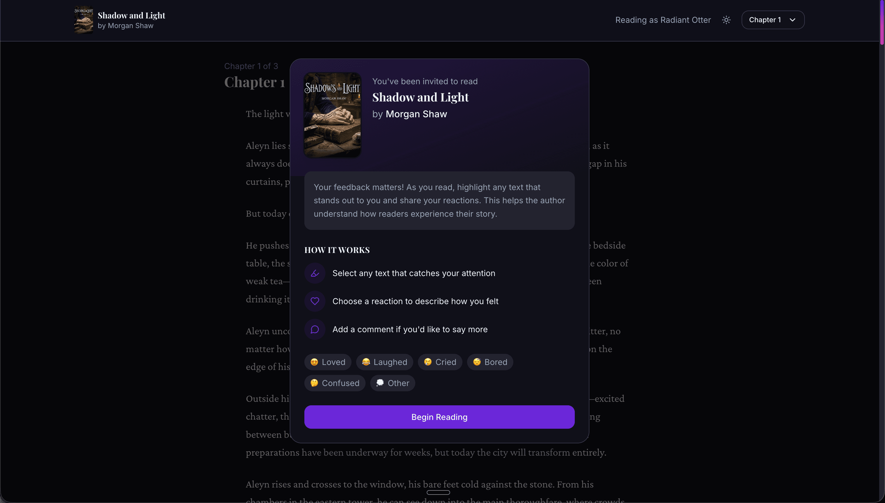 Reader onboarding modal explaining how to give feedback